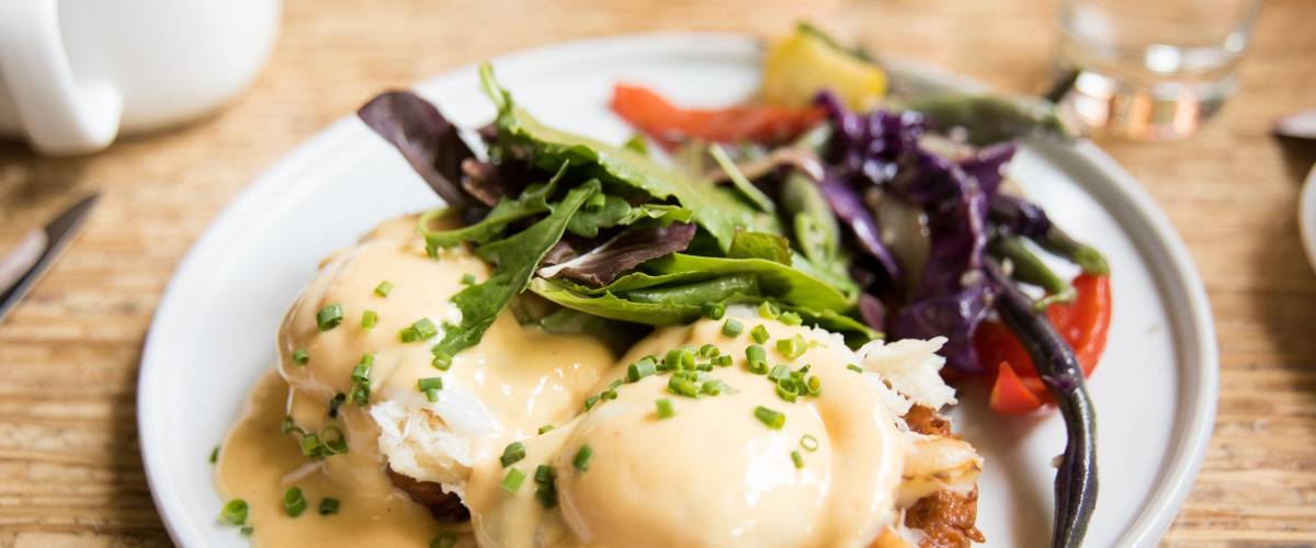 Crab and Sweet Potato Egg Benedict with Salad