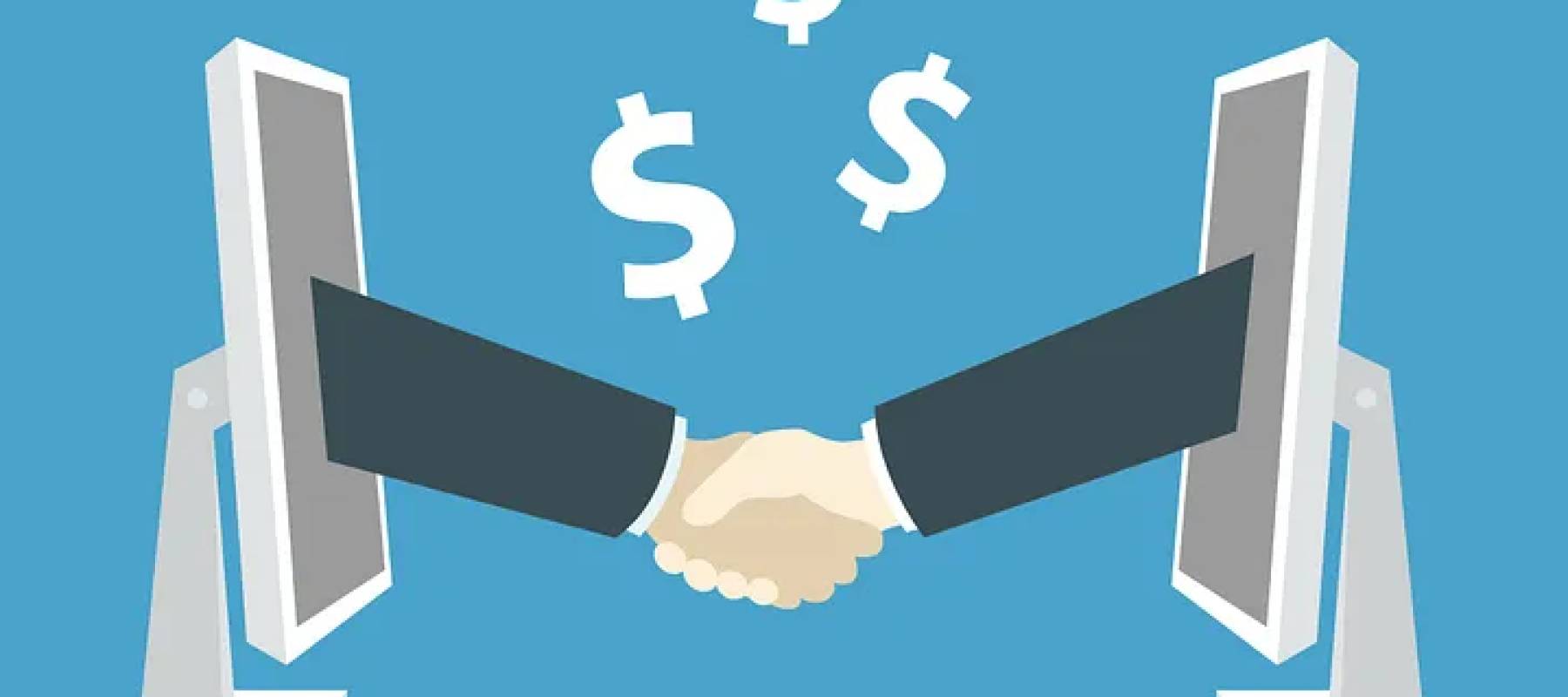 two hands coming out of computer monitors shaking hands, illustration