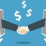two hands coming out of computer monitors shaking hands, illustration