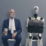 Man and AI robot waiting for a job interview: AI vs human competition