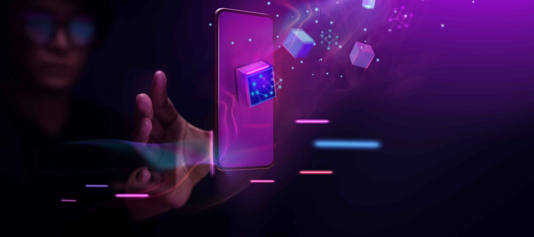 Metaverse and Blockchain Technology Concepts. Person with an Experiences of Metaverse Virtual World via Smart Phone. Futuristic Tone. Conceptual Photo