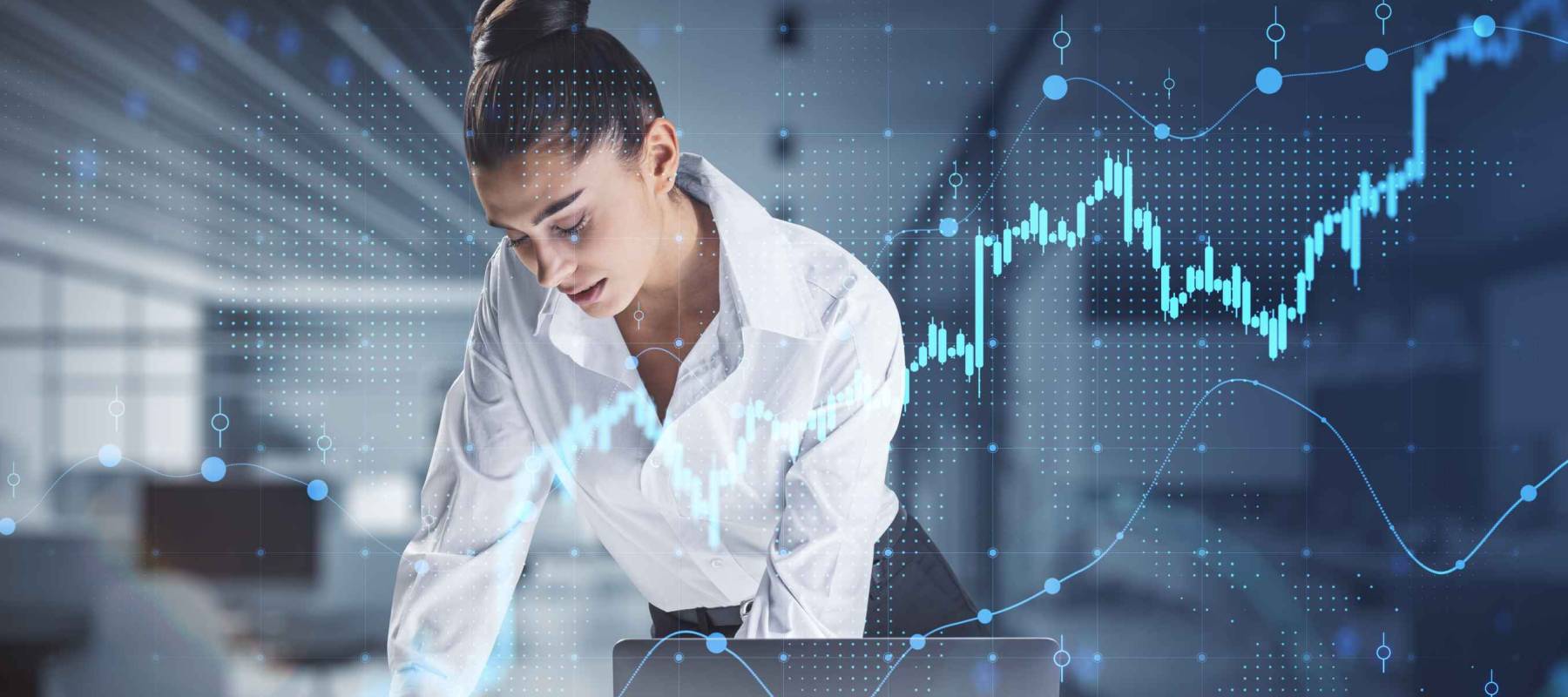 Financial analyzing and market forecast concept with young woman working with data, making notes in notebook and growing digital forex chart diagram and candlestick, double exposure