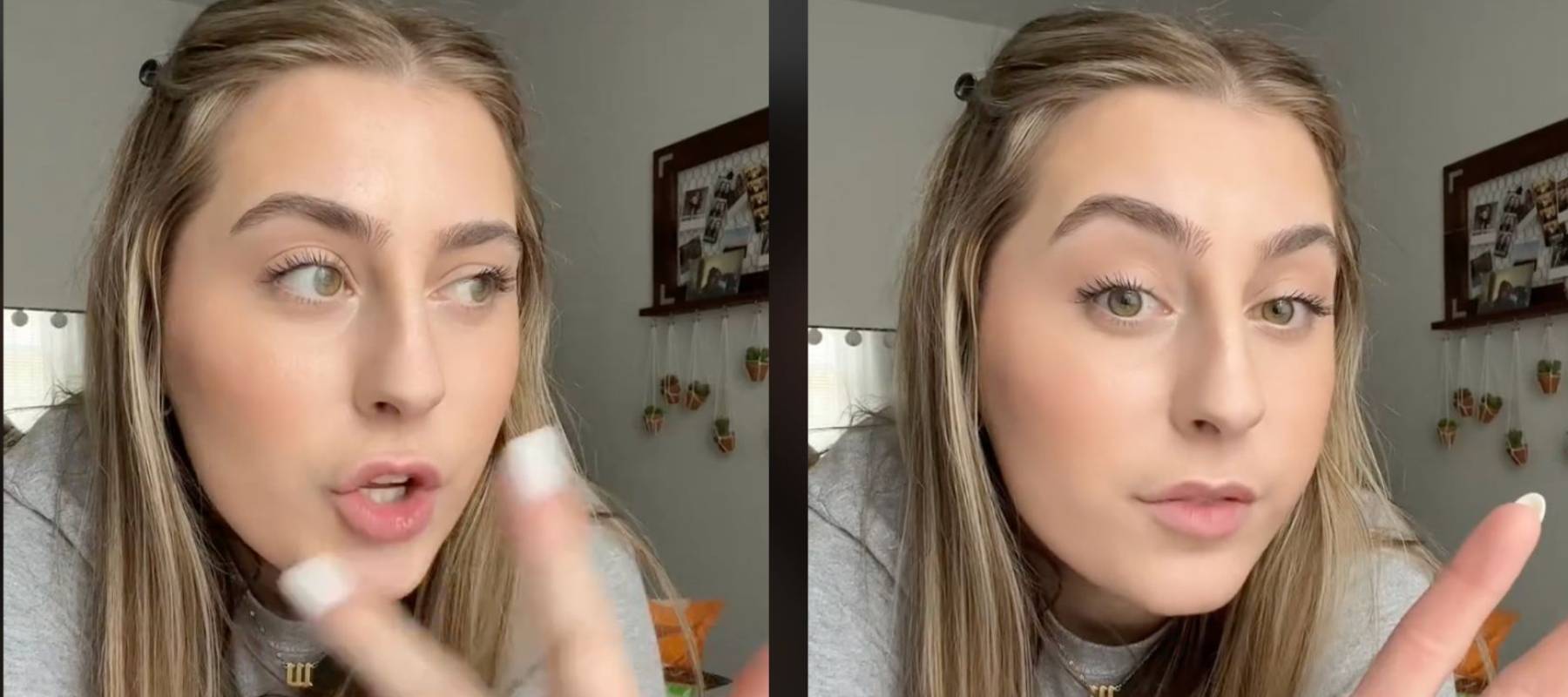 Two images side-by-side of same young woman holding camera and speaking to it.