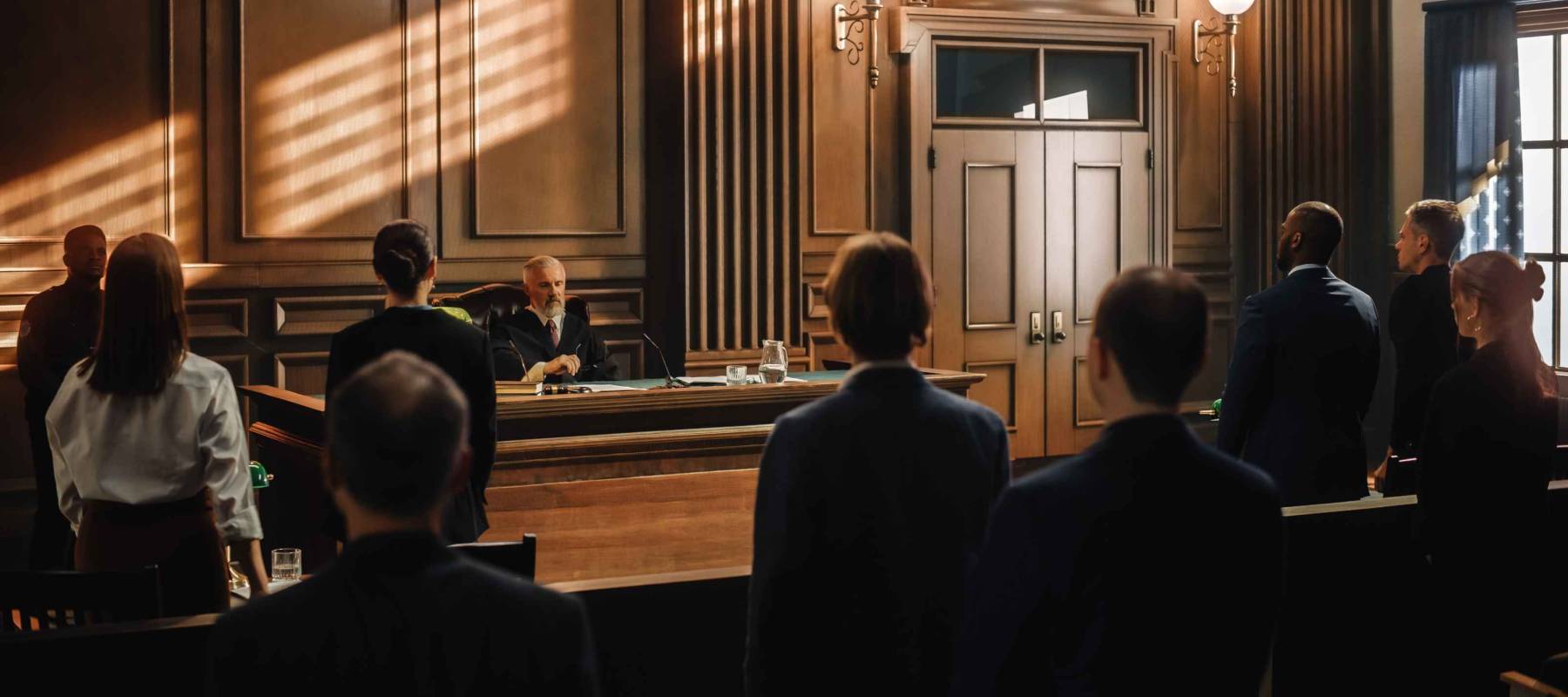 Court of Justice Trial: Impartial Judge is Sitting, Public Stands. Supreme Federal Court Judge Starts Civil Case Hearing. Sentencing Law Offender.