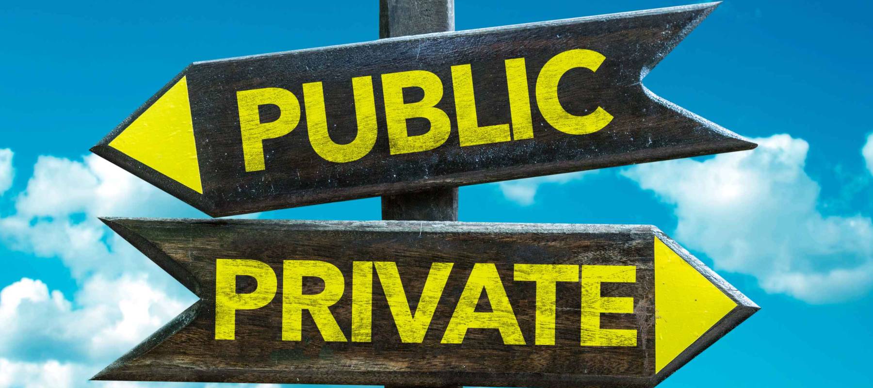 Public - Private signpost with sky background
