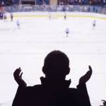 Hockey fan standing and applause on the stadium in after goal - sport, wallpaper..