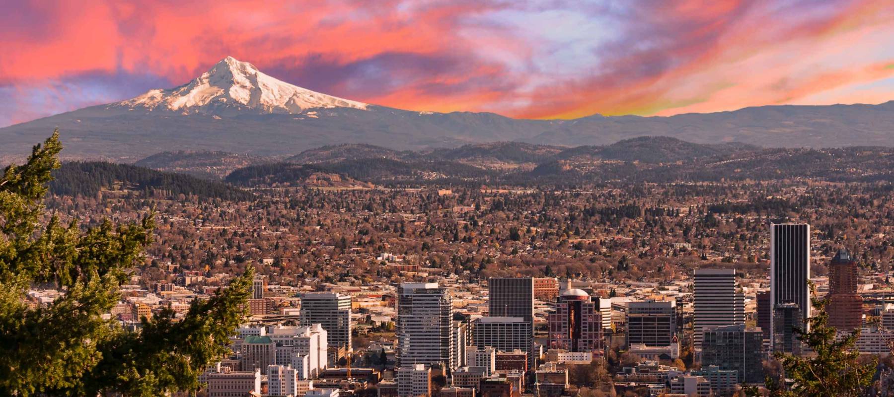 Sunrise View of Portland, Oregon from Pittock Mansion.