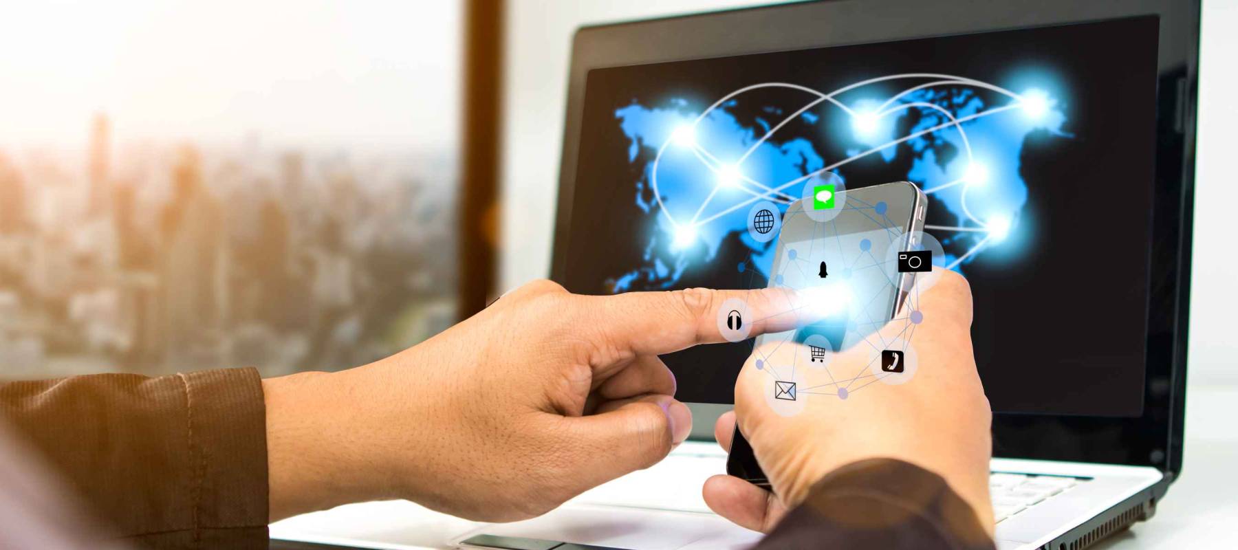 businessman using smartphone upload data to online store Documentation over blurred Distributed threat information to clients for customer network connection .digital technology.select focus