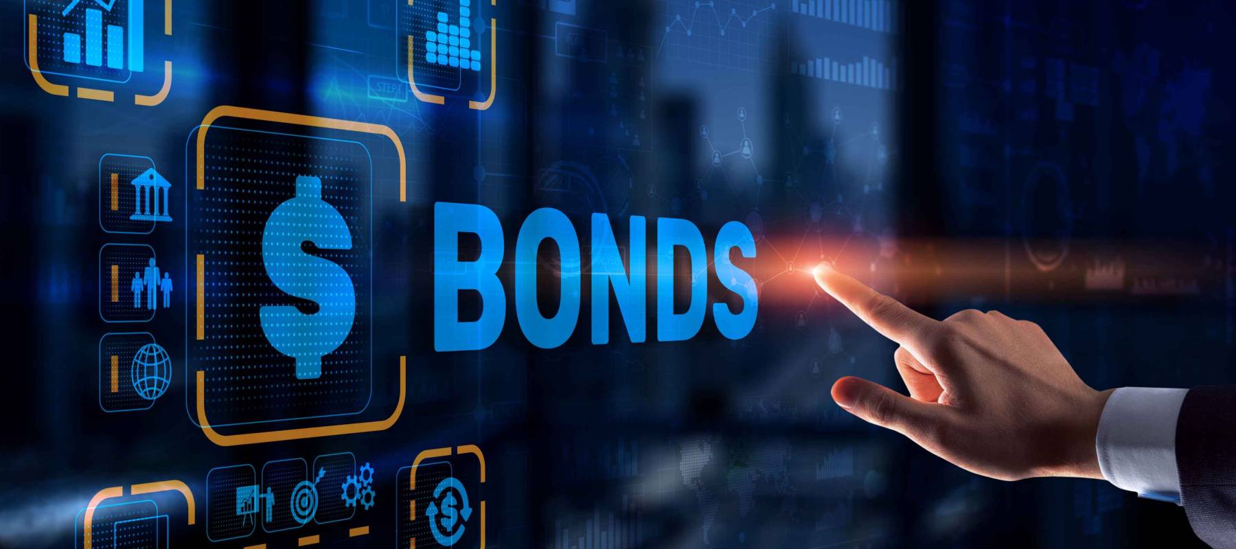 Businessman clicks a bonds virtual screen. Bond Finance Banking Technology concept. Trade Market Network