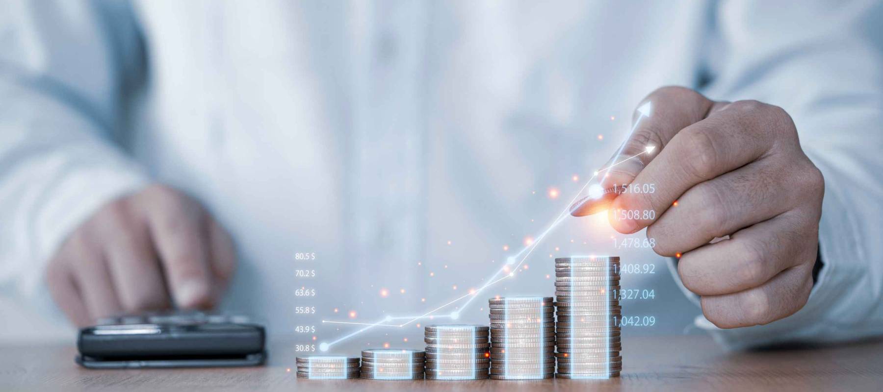 Businessman hand drawing virtual increasing graph with money coins stacking , Business investment profit and deposit dividend saving growth in 2021 concept.