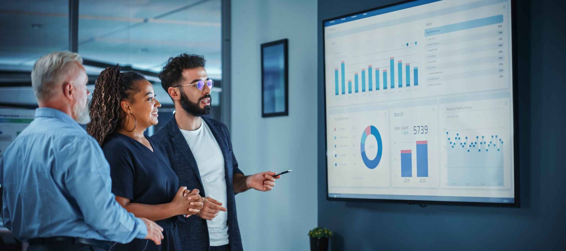 Company Operations Manager Holds Meeting Presentation. Diverse Team Uses TV Screen with Growth Analysis, Charts, Statistics and Data. People Work in Business Office.