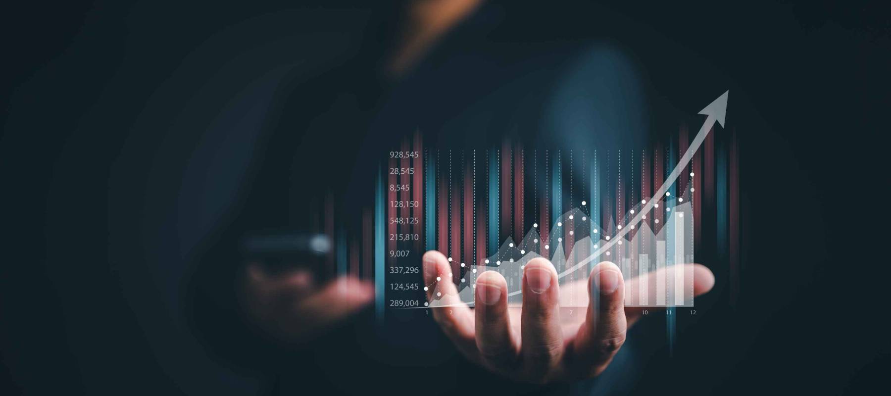planning and strategy, Stock market, Business growth, progress or success concept. Businessman or trader is showing a growing virtual hologram stock, invest in trading.