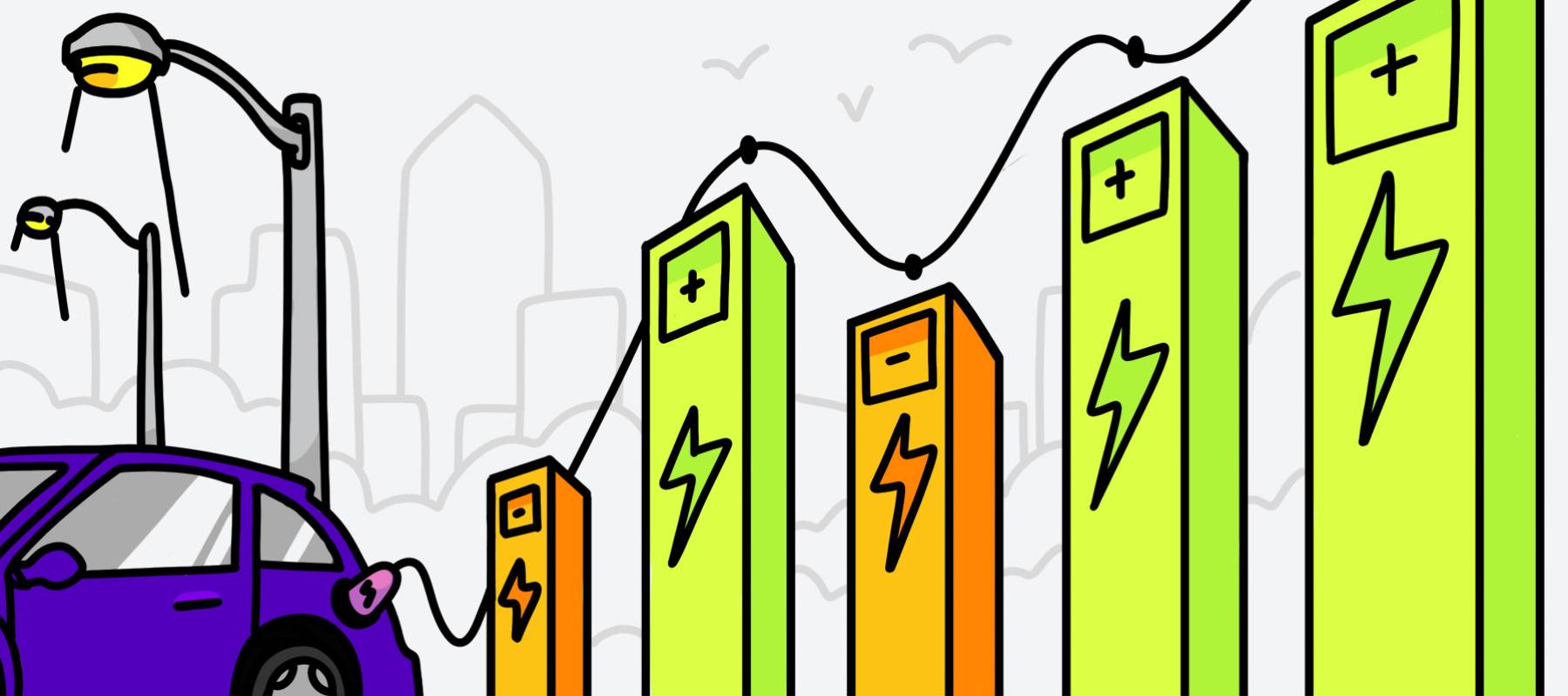 A set of electric charging stations like green and red candles on a stock chart