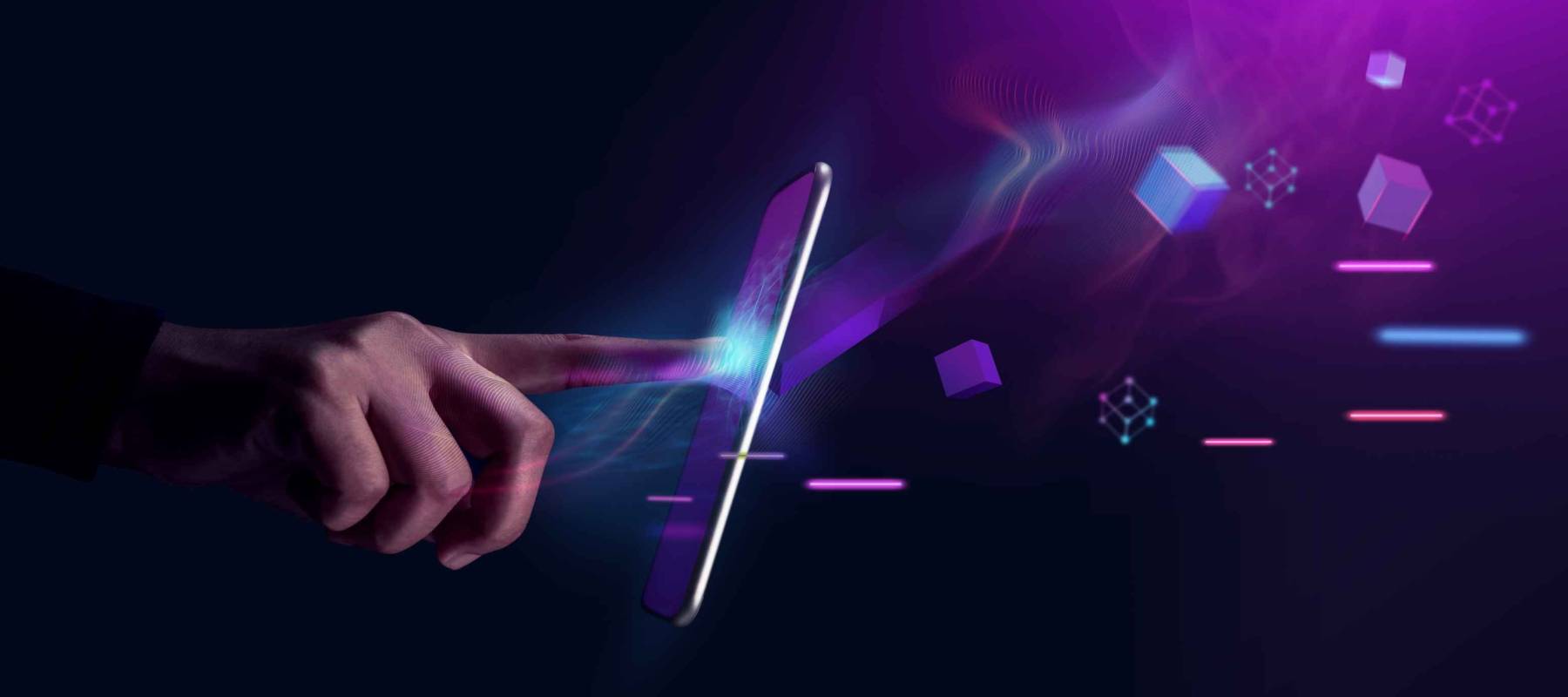 Metaverse and Blockchain Technology Concepts. Person with an Experiences of Metaverse Virtual World via Smart Phone. Futuristic Tone. Conceptual Photo