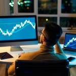 Crypto trader investor analyst looking at computer screen analyzing financial chart data on pc and laptop monitor