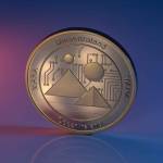 Decentraland MANA Cryptocurrency Physical Coin Placed on Reflective Background and lit with orange and blue lights.