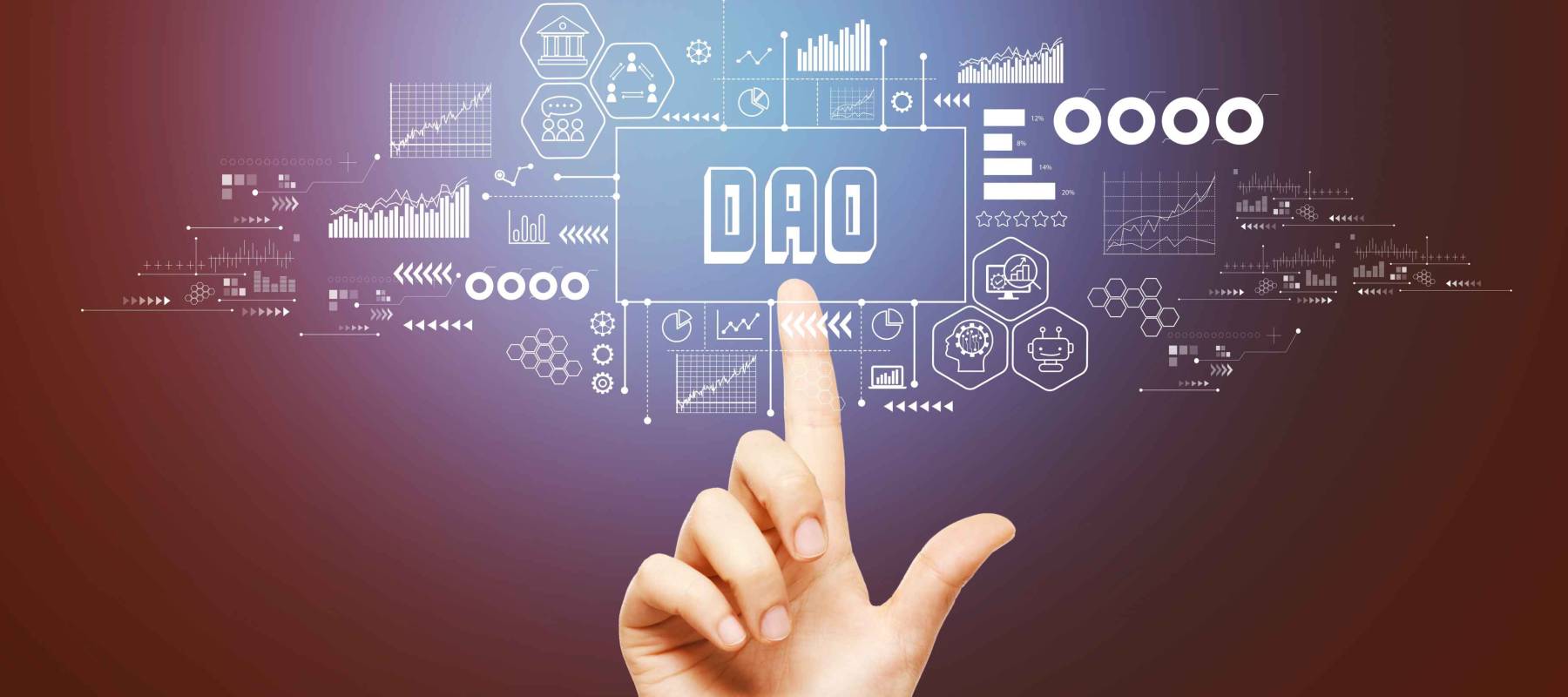 DAO- Decentralized Autonomous Organization theme with hand pressing a button on a technology screen