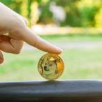 Dogecoin close-up, coin portrait, gold cryptocurrency