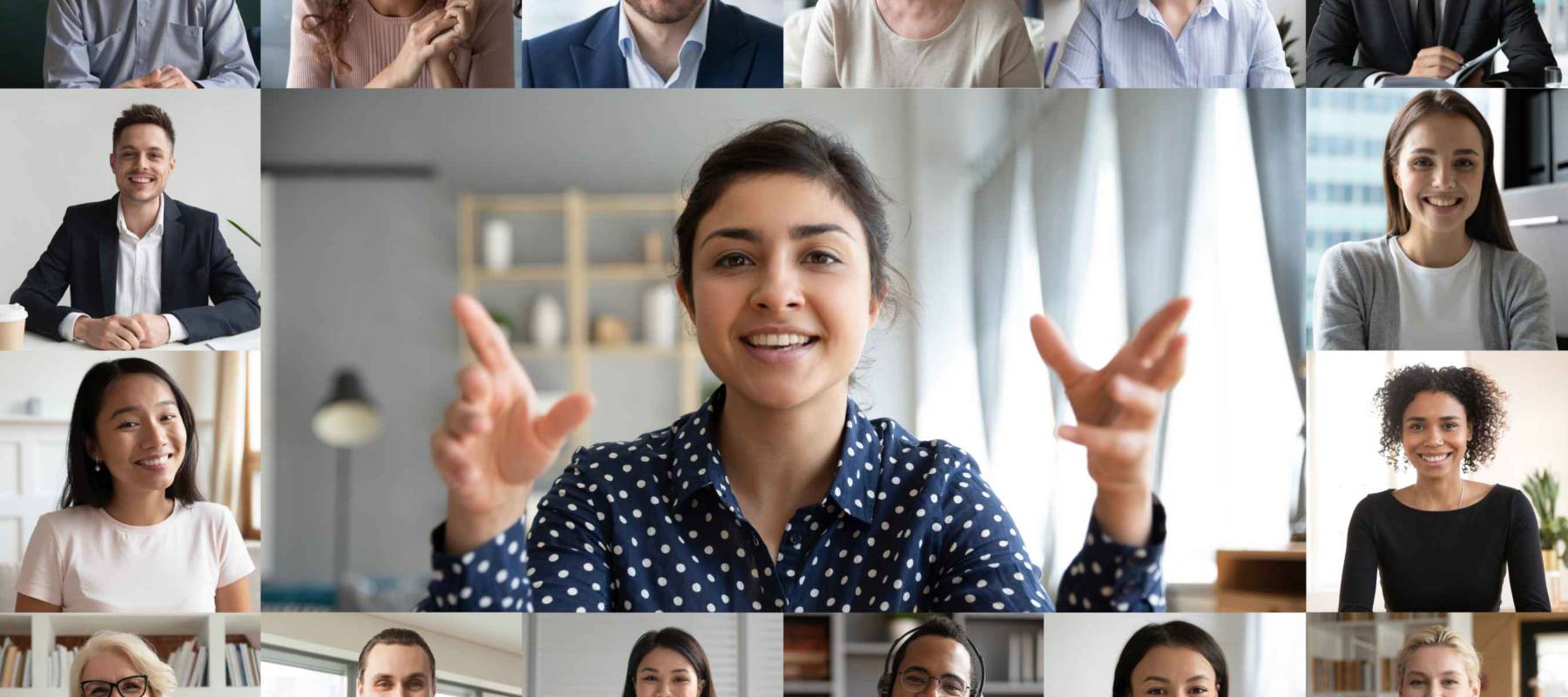 Webcam laptop screen view many faces of diverse people involved in group videoconference on-line meeting lead by indian businesswoman leader, team using video call app