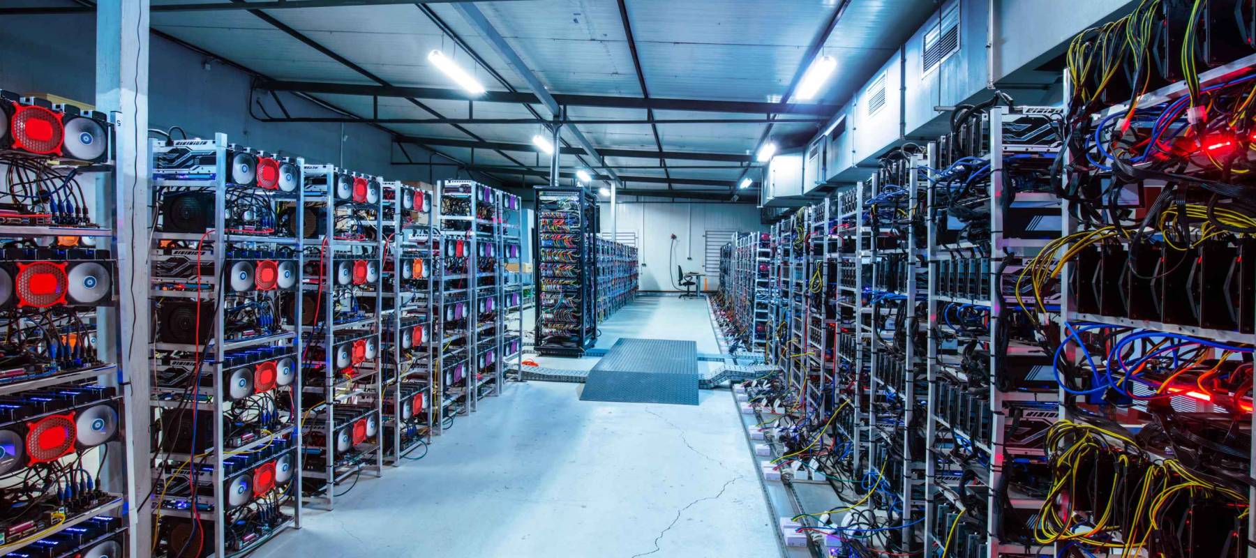 Bitcoin and crypto mining farm. Big data center. High tech server computers at work