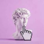 Historical antique statue of david's head and mouse cursor with finger. Concept of modern art and vaporwave and cyberpunk