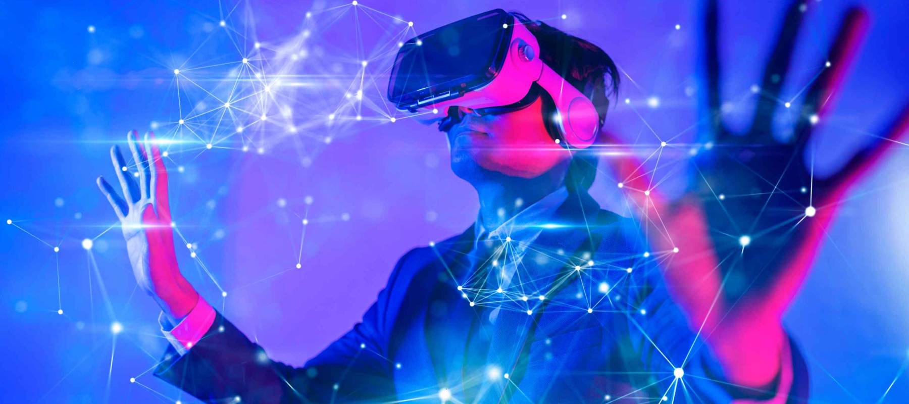 Metaverse digital cyber world technology, man with virtual reality VR goggle playing AR augmented reality game and entertainment, NFT game futuristic lifestyle