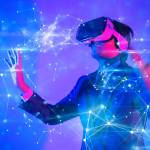 Metaverse digital cyber world technology, man with virtual reality VR goggle playing AR augmented reality game and entertainment, NFT game futuristic lifestyle