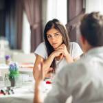 Worried woman doubting.Angry female despise partners actions,agitated person having relationship problems.