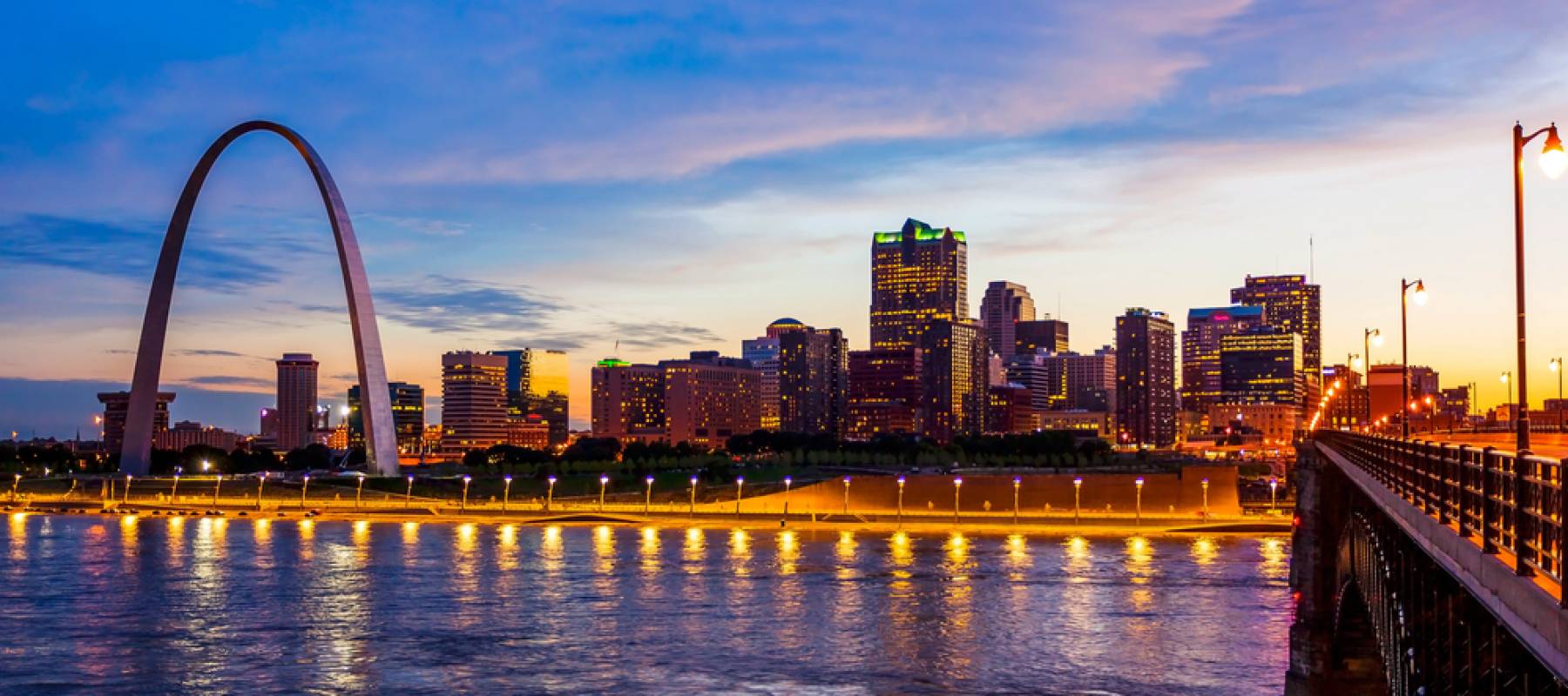 St Louis, Missouri cityscape skyline and Gateway Arch as night falls over downtown.