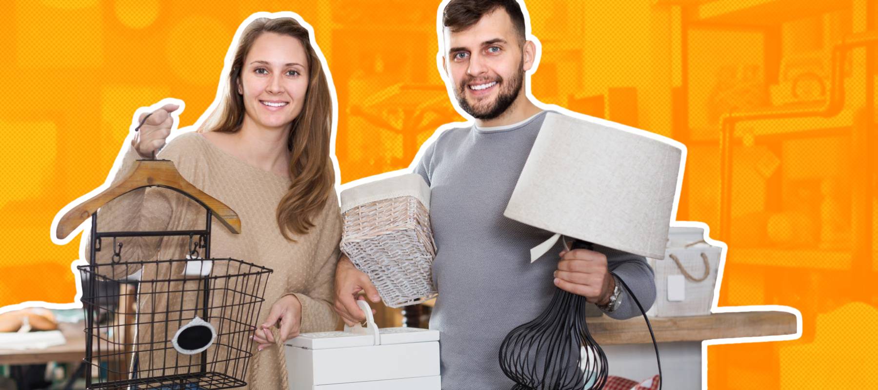 a smiling couple holding up finds at an estate sale