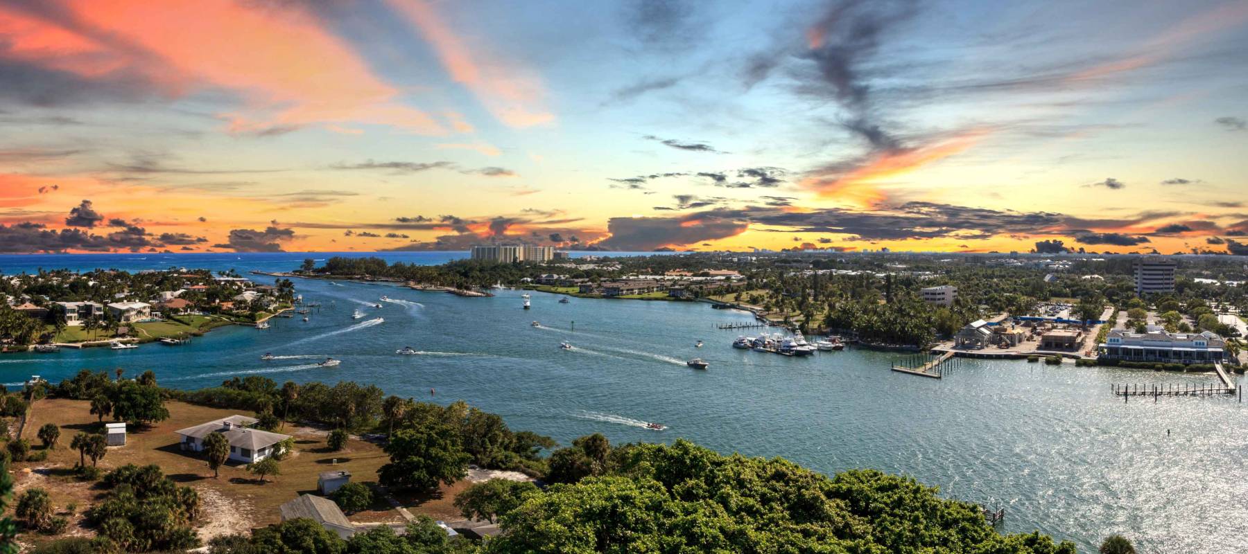 Aerial view of Loxahatchee River from the Jupiter Inlet Lighthouse in Jupiter, Florida.