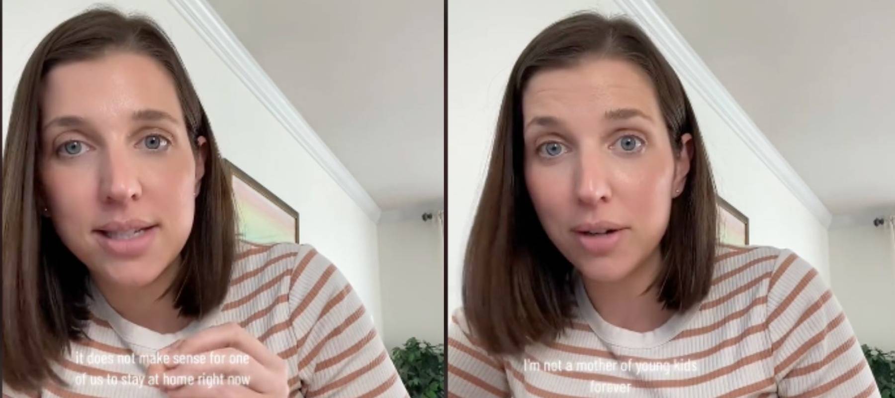 Two photos side by side of woman looking right at camera and speaking, making hand gestures.