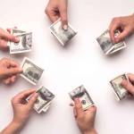 Shareholders deciding to collect big amount of money for crowdfunding on white background