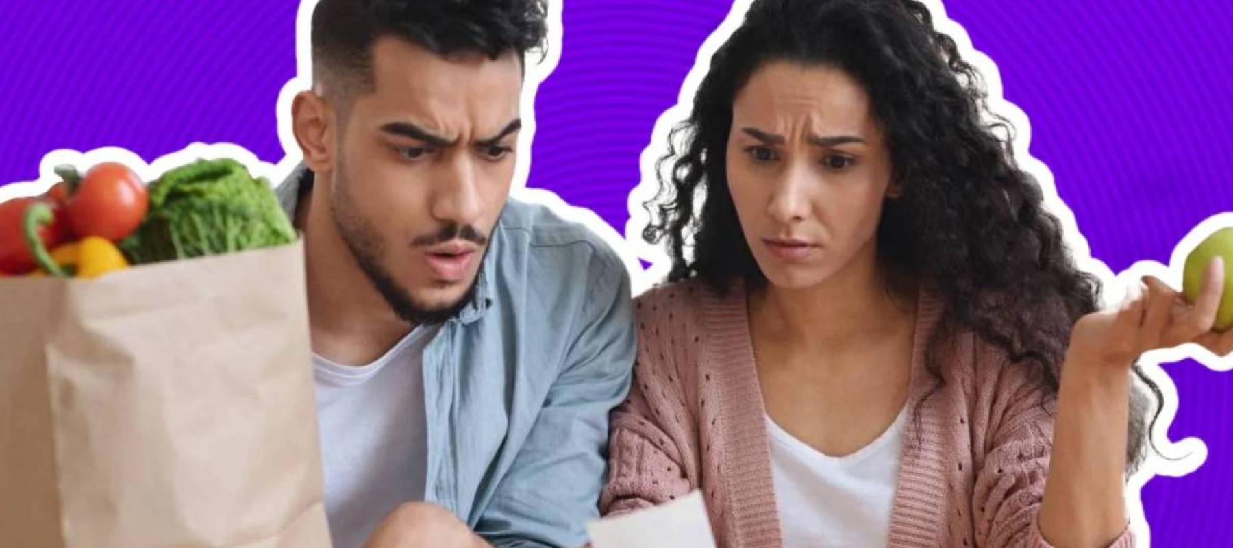 middle class couple with bags of groceries, looking in horror at their bill