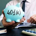 Man proposes piggy bank with sign 401k. Retirement pension plan.