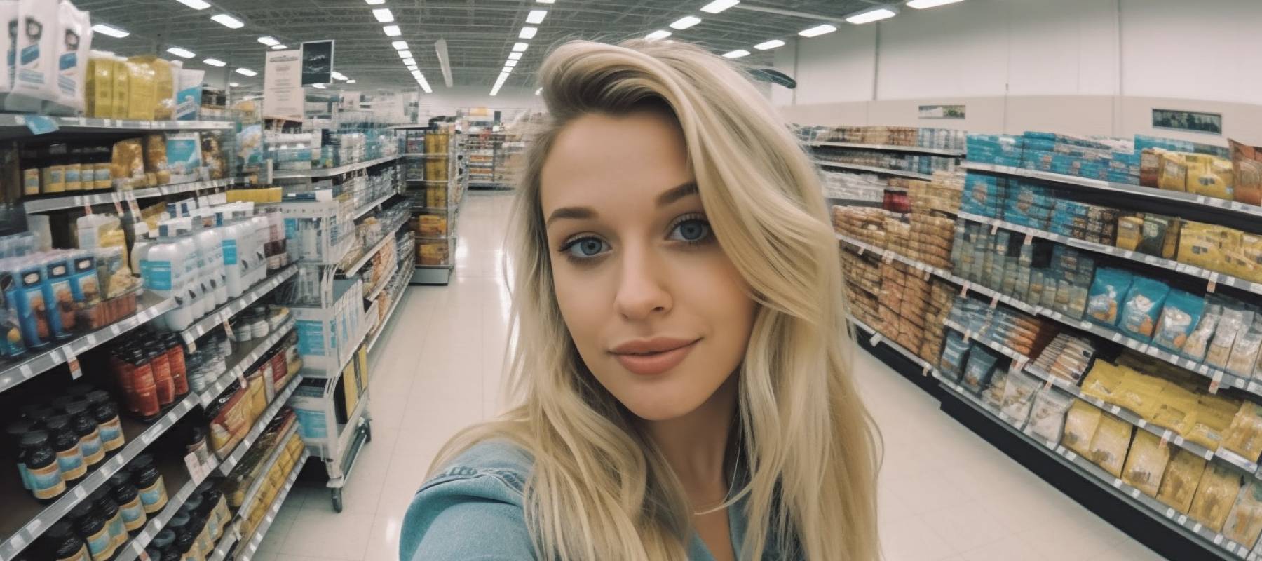 Young blonde woman takes phot of herself in grocery aisle