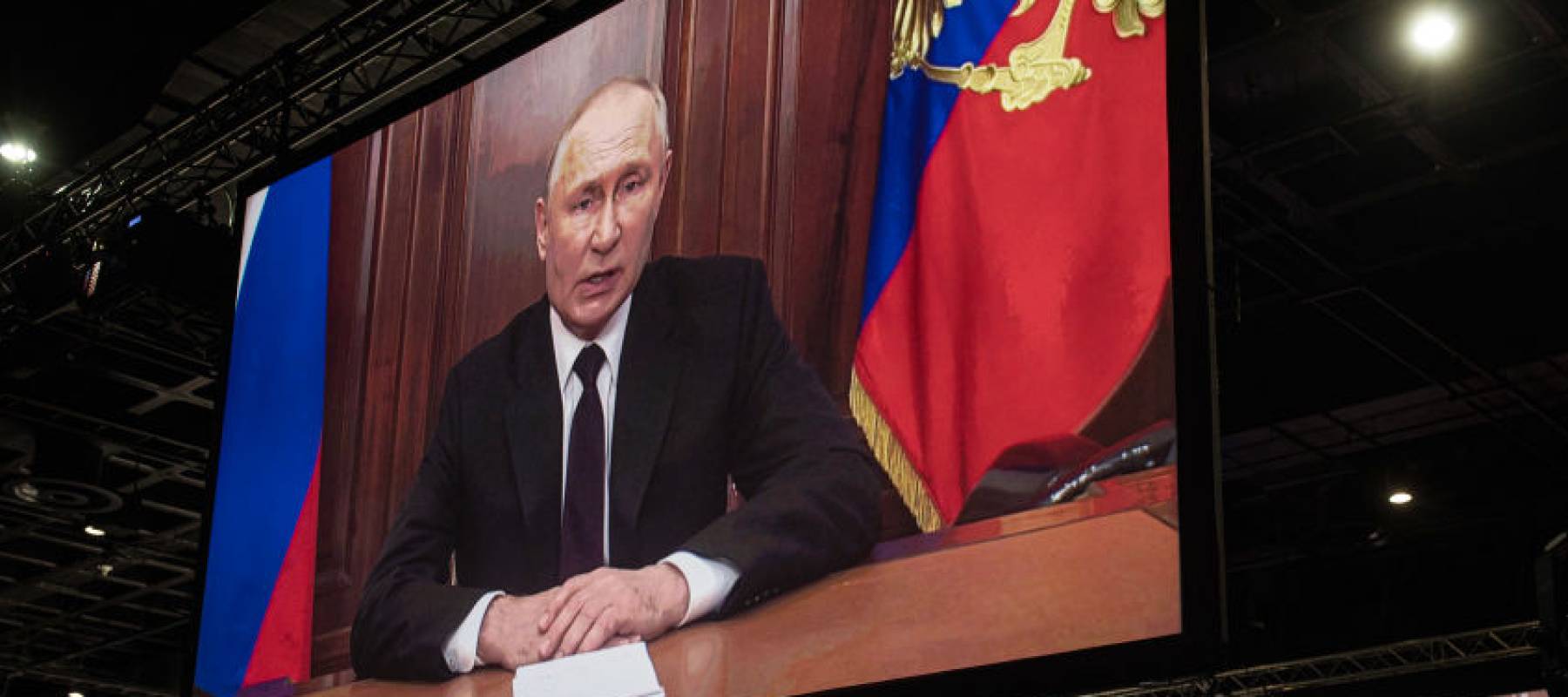 Russian President Vladimir Putin speaks to the Brics Business Summit via a prerecorded video on August 22, 2023 in Johannesburg, South Africa.