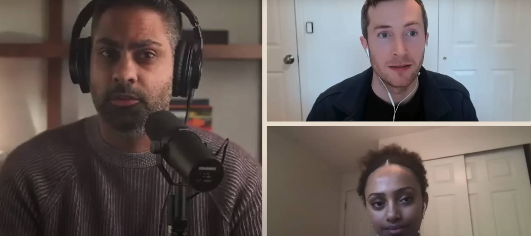 Three people seen calling into a video chat, all three looking serious with headphones on.