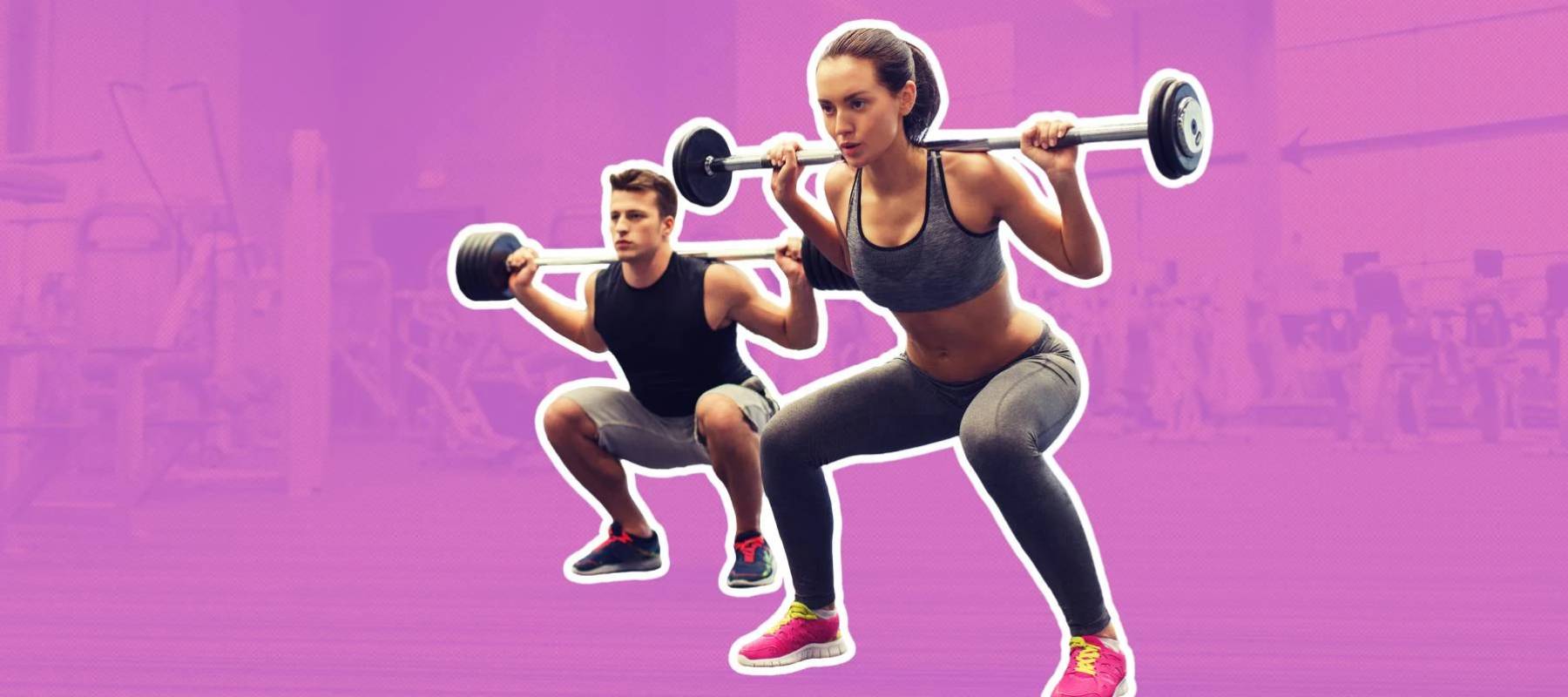 a woman working out in the foreground, a man working out behind her