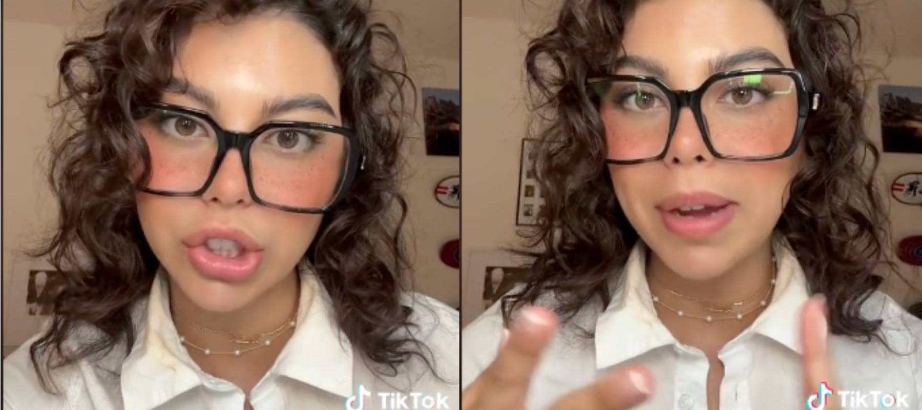 Anela Marquez wearing black-framed glasses and talking to the camera up close.