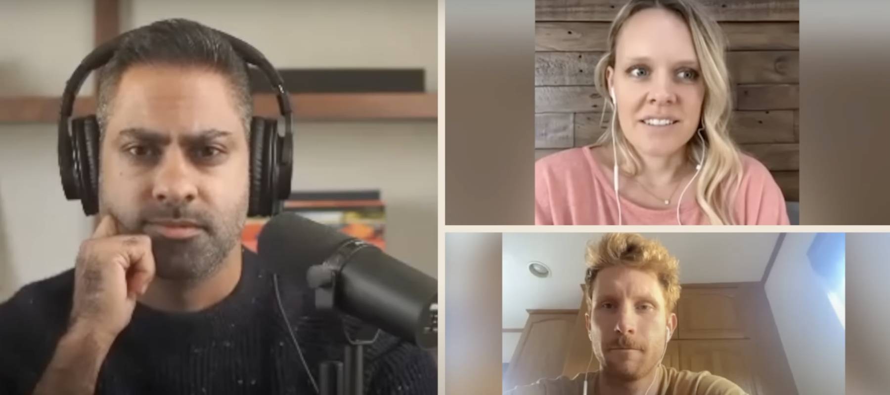 Collage of three people speaking directly to camera, looking serious and intent.