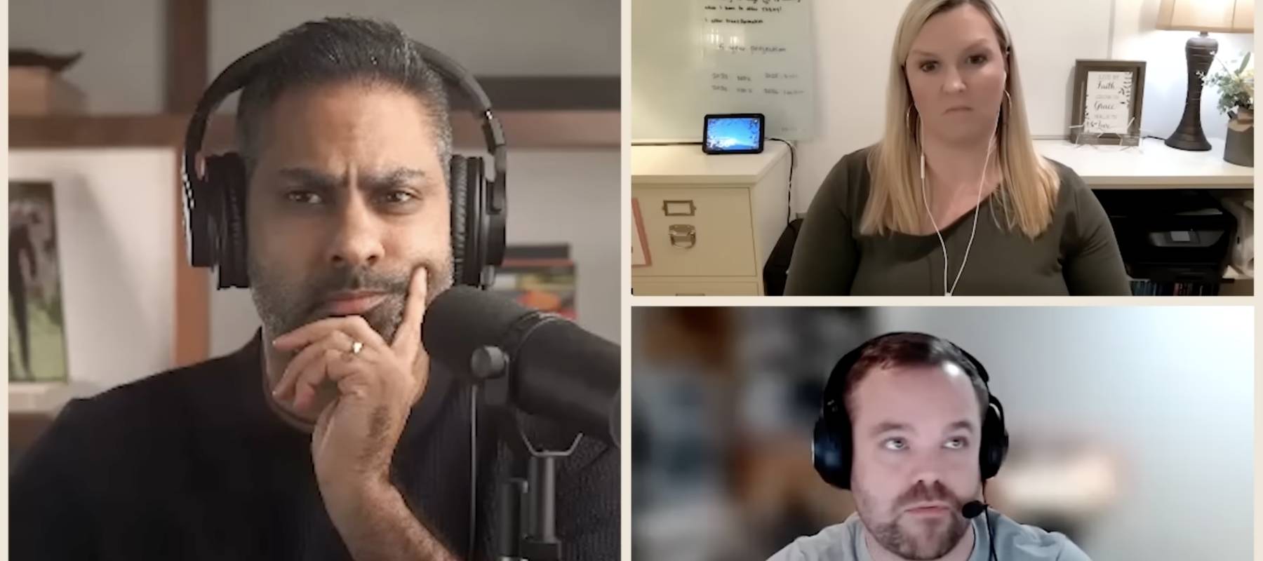 Screen broken up into video from three people on a video call, all looking serious and thoughtful.