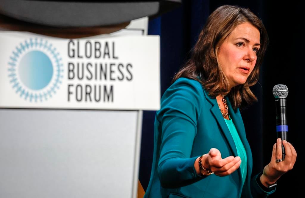 Alberta Premier Danielle Smith speaks to business leaders at the Global Business Forum in Banff, Alta., Friday, Sept. 22, 2023.More than 50 Alberta CEOs, entrepreneurs and industry leaders ar