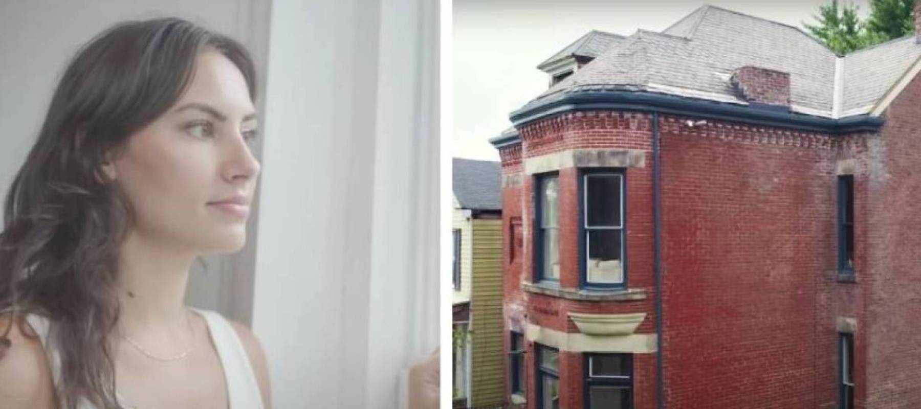YouTube screenshot of Betsy Sweeney on left and old historic home on right.