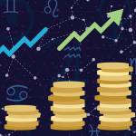 Piles of coins, an arrow heading up, astrological symbols