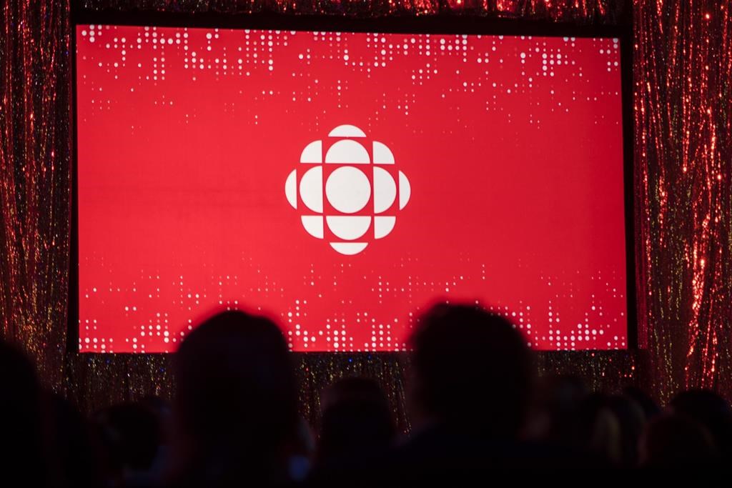The CBC logo is projected onto a screen in Toronto on May 29, 2019. 