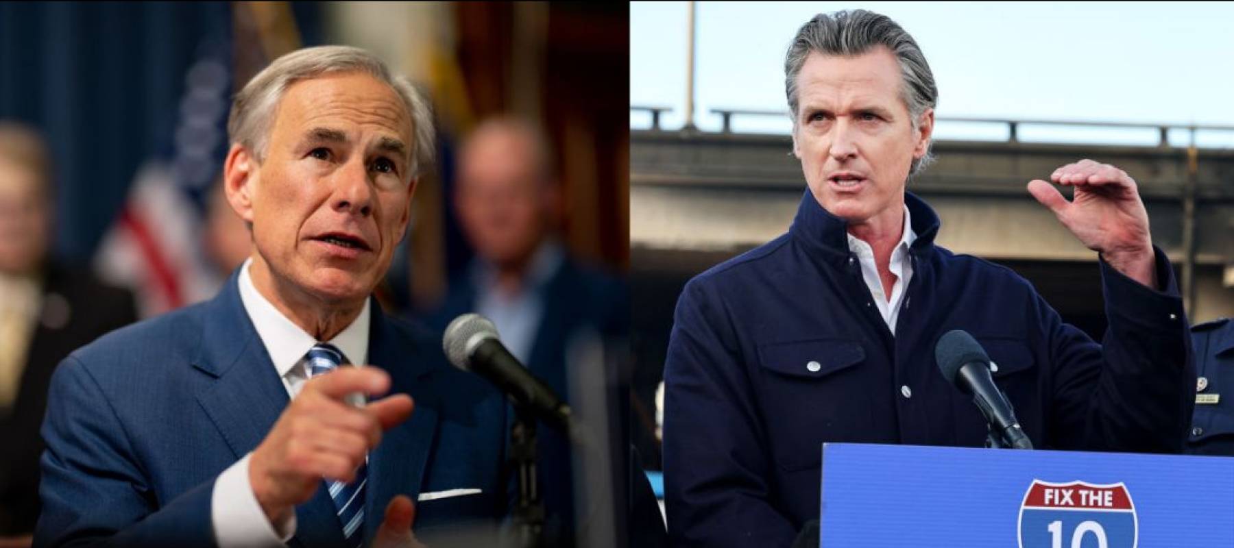 Images of Gavin Newsom and Greg Abbott seen side by side, both speaking seriously.