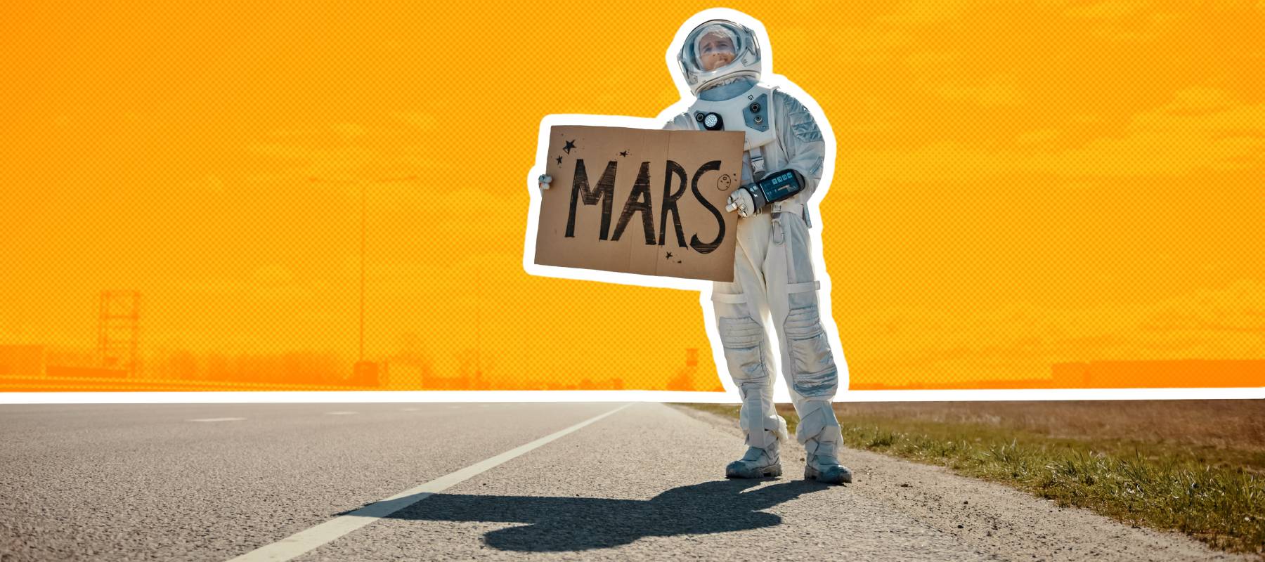 hitchhiker on the side of the road, holding up a sign that says "Mars"
