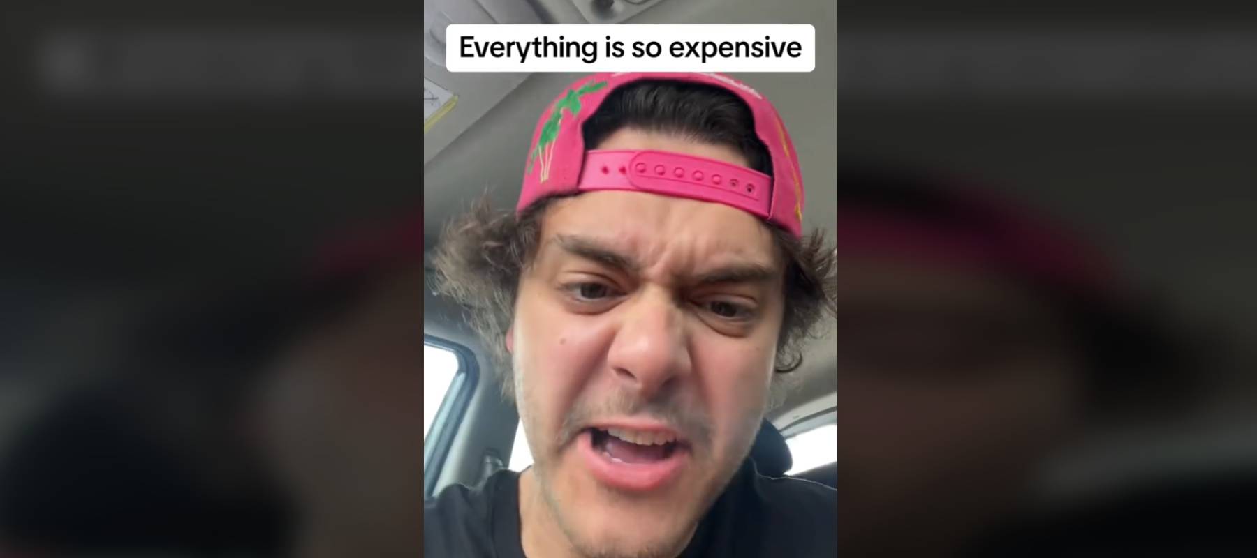 Man talking directly to camera with an appalled look on his face, caption that reads everything is so expensive.