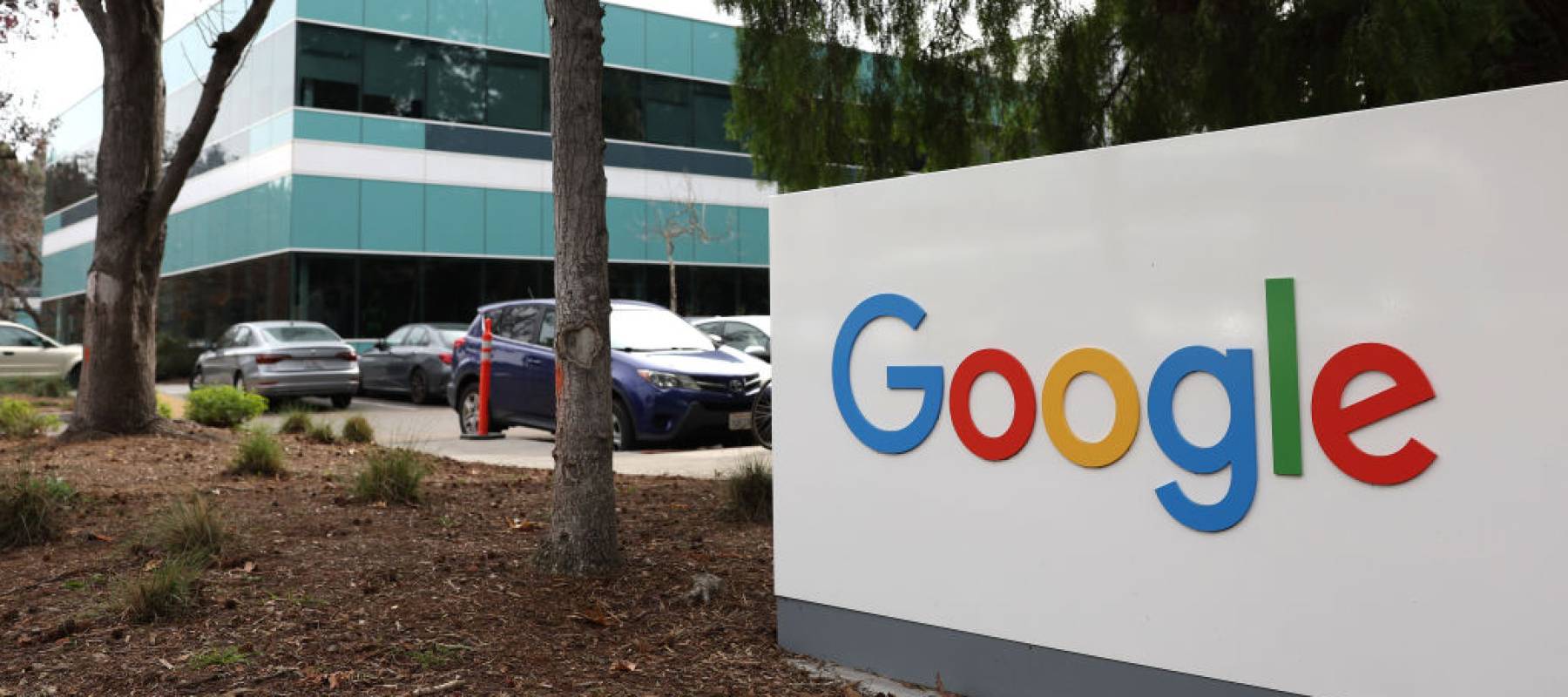 Parking lot view of Google headquarters in California.